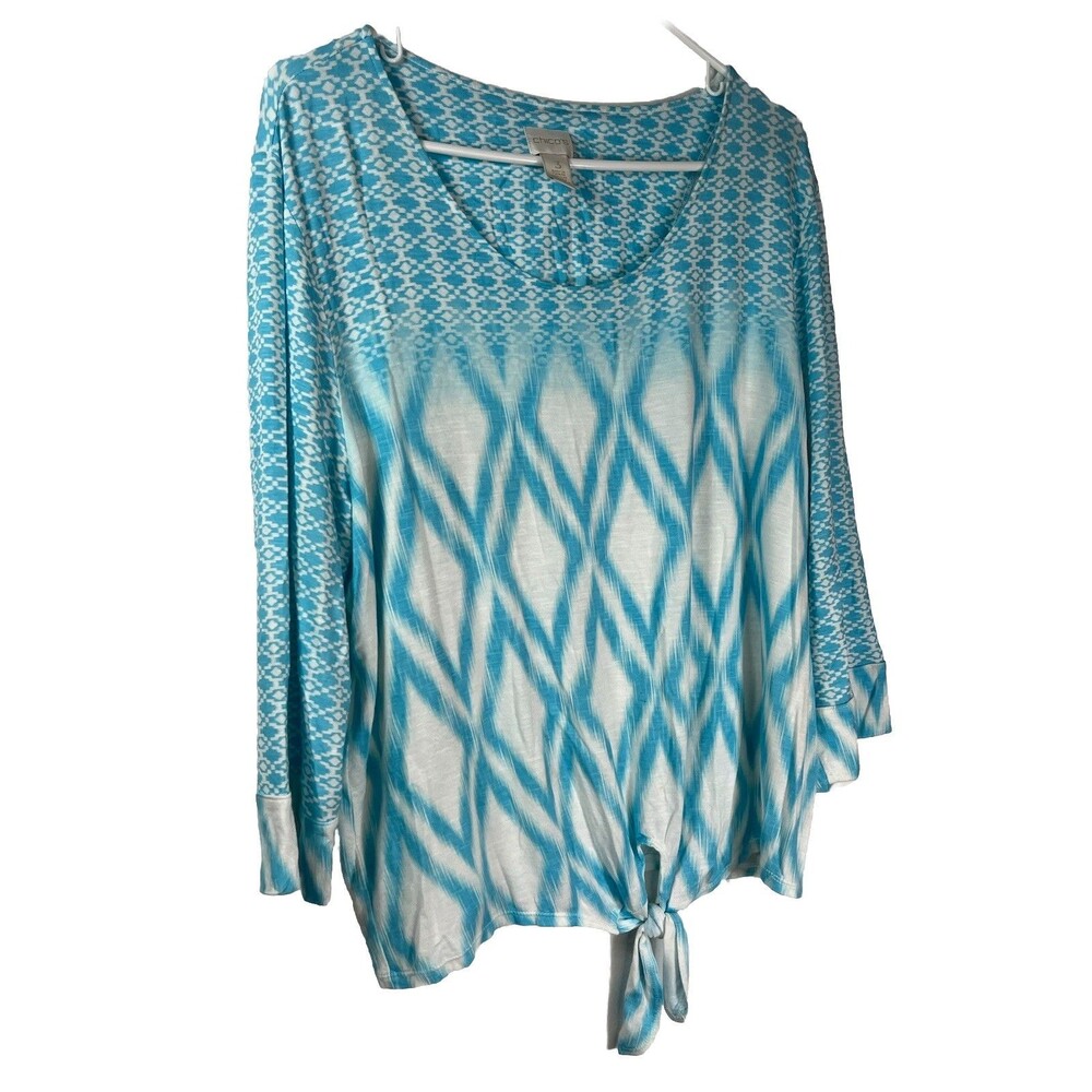 chicos 3 XL blue tie front southwestern blouse top